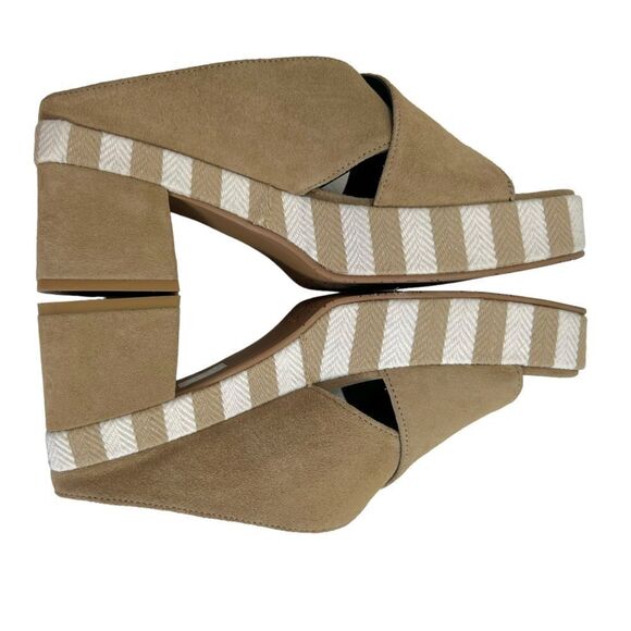 Brenda Zaro Square Toe Tan & White Striped Platform Suede Block Heel Sandals - Picture 5 of 12